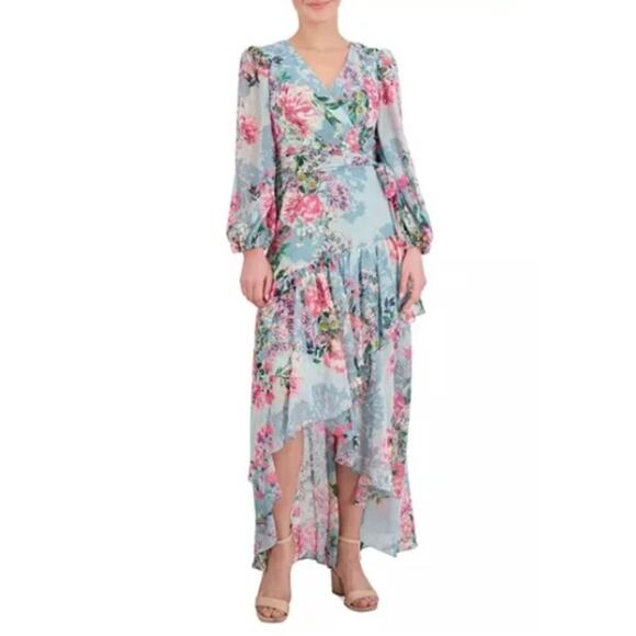 Eliza J floral metallic surplice tie waist ruffle hem chiffon wrap maxi Dress 8 - Picture 1 of 12